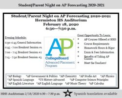 Flyer that mentions a night for parents to learn about advanced placement classes. 